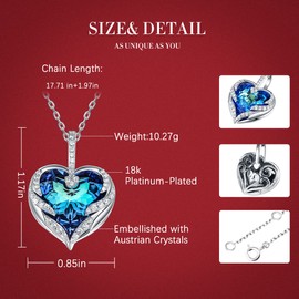 Cryslove, Heart Necklace Chain for Women, White Gold Jewellery, Angel Wings, Heart of the Ocean Pendant with Crystals, Gift Box, Mother's Day, Platinum, Heart of the Ocean