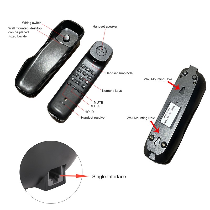 Wall Mounted Phone Redialing Mute Function Corded Telephone for Home