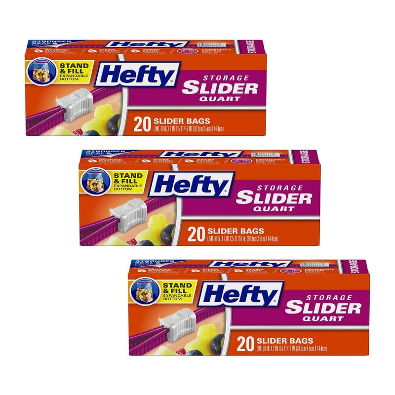 Hefty Slider Bags, Quart, 20 CT(3)