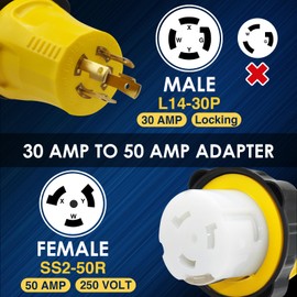SQAUNCHY 50 Amp to 30 Amp Rv Adapter NEMA L14-30P to SS2-50R CS6364C RV Generator Marine Shore Power Adapter Plug, 4 Prong 30A to 50A Twist Lock 125/250V, ETL Listed