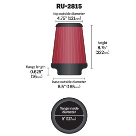 K&N Universal Clamp-On Air Intake Filter: High Performance, Premium, Washable, Replacement Filter: Flange Diameter: 5 In, Filter Height: 8.75 In, Flange Length: 1 In, Shape: Round Tapered, RU-2815