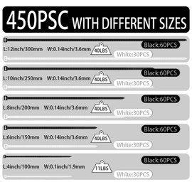 HANHOST 450 Pack Heavy Duty Cable Ties (4/6/8/10/12 Inch) 2-Colour Nylon Zip Ties - Black & White Self-Locking UV Resistant for Indoor/Outdoor, Workshop, Gardening (Black 60+White 30 Each Size).