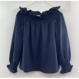 Tuckernuck Women's Navy Off the Shoulder Marguerite Blouse Ruffle Sleeve Top XS