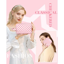 2Pcs Makeup Bag for Women, Large Checkered Cosmetic Bags with Small Makeup Pouch Set, Cute Leather Make Up Orgnizer with Zipper, Travel Skincare Toiletry Storage Bag for Teens Girls Gifts(Brown)