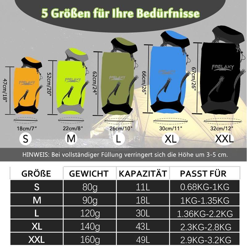 Frelaxy Compression Sack, 60% More Storage Space! 11L/18L/30L/43L/49L Waterproof &