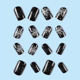 Snowflake Press on Nails Christmas Short Square Fake Nails, Black Glitter Acrylic Nails, Shiny Glossy False Nails Kits Super Fit Nail Tip 24Pcs