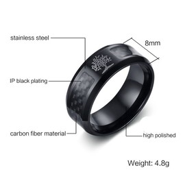 HIJONES Mens Stainless Steel Carbon Fiber Inlay Tree of Life 8mm Band Ring Black Size V