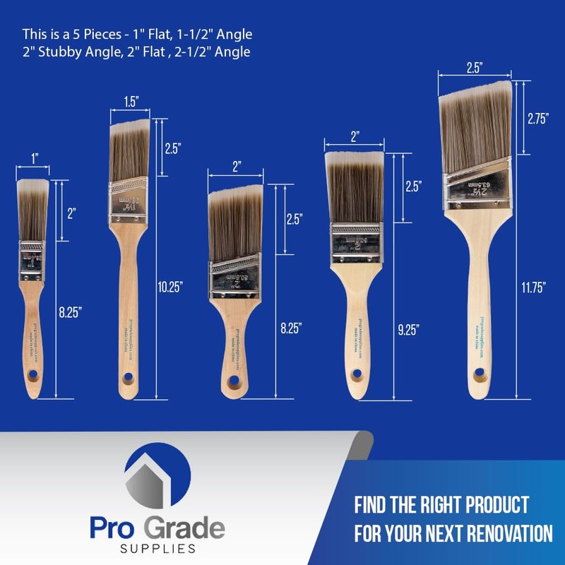 Pro Grade, Paint Brushes, 5-Piece, Paint Brush Set: Flat &