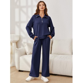 Glamaker Two Piece Sets for Women Sweat Set Oversized Half Zip Sweatsuits Wide Leg Sweatpants Lounge Sets Travel Outfits Tracksuit Navy blue M