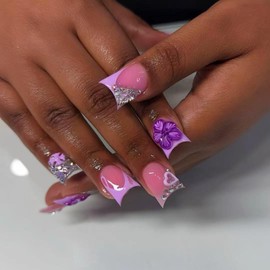 SEENEEY Duck Press on Nails Short Fake Nails Purple French Artificial Nail 3D Floral Designs Cute Stick on Nail for Women 24pcs