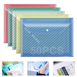 50 Piezas Bolsa de Documentos, JASUVII Carpeta organizadora de documentos impermeable, 32 x 23,5 cm, Carpeta de plástico tamaño A4, Sobres de plástico con cierre a presión, Organizador de archivos