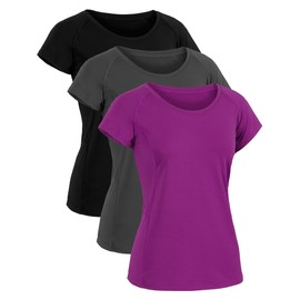 CADMUS Women's Workout Shirts for Running Yoga Tee Shirts Dry Fit,3 Pack,2501,Black & Grey & Purple,Medium