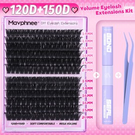 Lash Clusters Kit 14-20MM Long Eyelash Extension Kit 192Pcs Thick Volume DIY Lash Extensions Kit Fluffy Cluster Lashes D Curl Individual Lashes Kit 120D+150D Mink Cluster Eyelash Extensions Kit