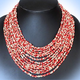Twisting Strands Coral Red Beige Beads Layered Unique Chic Crystal Rhinestone Elegant Jewelry Necklace For Women