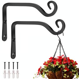 HZSOOCH 2 Pack Hanging Basket Bracket, 6 Inch Wall Hanging Hooks Hanger, Heavy Duty Hanging Brackets with Screws for Flower Basket Plants Bird Feeder Wind Chimes (Black)