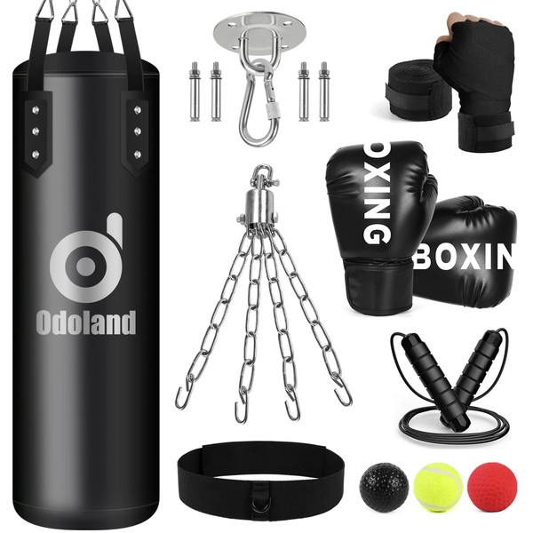 Odoland 8-In-1 Punching Bag Unfilled Set for Adult Men and Women, 3.28FT Kick heavy boxing bag with 12OZ Boxing Punching Gloves and Hand Wraps, 3-Balls Reflex Ball Set, Jumping Rope for MMA, Muay Thai