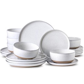 Hasense Plates and Bowls Sets, 18 Pieces Modern Porcelain Dishes Sets Service for 6, Stoneware Dinnerware Sets with Speckled Pattern, Scratch Resistant Microwave and Dishwasher Safe, White