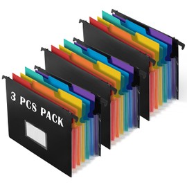 TRANBO 7-Pockets Hanging File Folder with Retractable Hooks for Filing Cabinet, Letter Size Expandable Accordion File Organizer with Elastic Band for File Frame or On-The-Go Use (3 Pack)