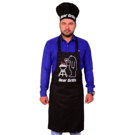 Sterling Smart® Mens Cotton Apron & Hat Set Cooking Chef Kitchen Cotton Apron Novelity BBQ Funny Apron Novelty Grilling Ideas Kitchen BAKEWARE APRON (Bear Grill & Hat Set)