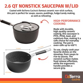 DaTerra Cucina - 2.6 Qt Nonstick Ceramic Saucepan with Lid – Induction Compatible Cooking Pot, Nonstick Ceramic Sauce Pan for Soup, Pasta, Milk, and More, Medium Size for Kitchen, Oven Safe