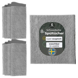 Grünschloss Dish Cloths Grey Washable (8X) Light Grey Cleaning Cloths Cotton & Wood Super Absorbent Sponge Cloths Kitchen (Made in Sweden) Dish Cloths Boil-Proof Scandinavian