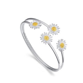 LVTING 925 Silver Sun Flower Sunflower Bracelet Daisy Chrysanthemum I Love You Open Bracelet Cuff Adjustable Bracelet for Women (Sun flower)