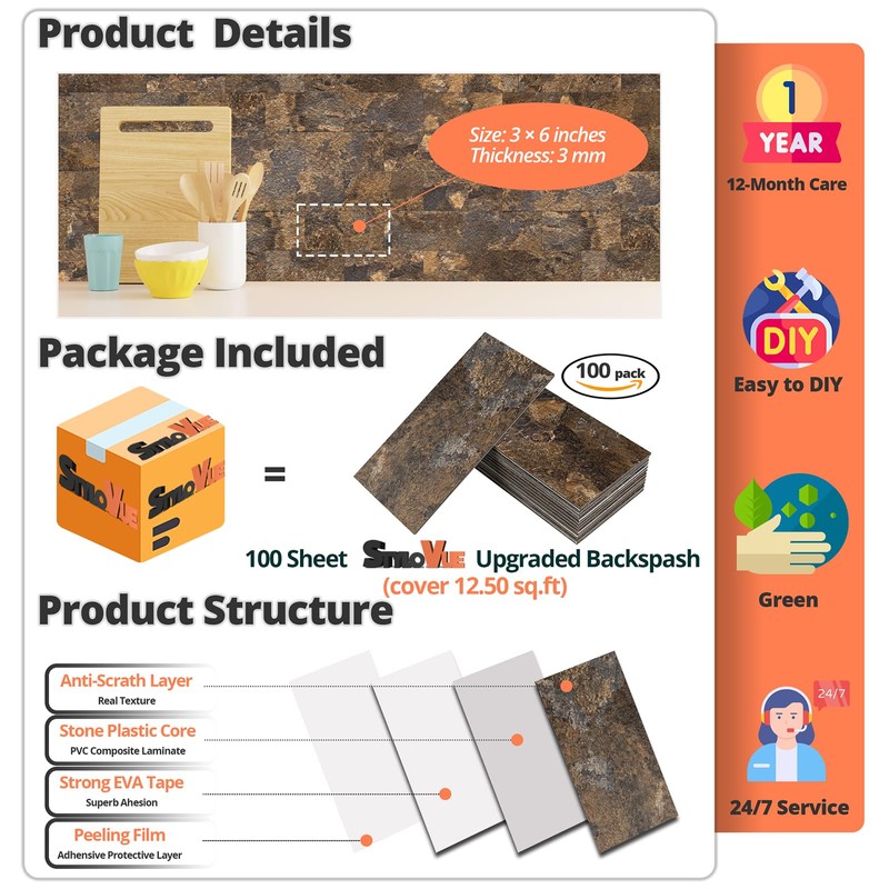 StyloVue 100 Pieces Peel and Stick Backsplash for Kitchen, 3"