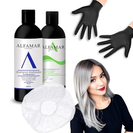 Kit Shampoo Matizador Platinum bleu + Tratamiento Keratina 2 en 1 Sin Sal uso profesional, Neutraliza Tonos Amarillos y Repara Cabello Decolorado + Gorro de Baño y Guantes ALFAMAR