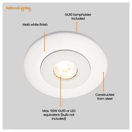 National Lighting Modern Matt White Low Voltage to 240V Mains Voltage GU10 Recessed Downlight Converter - Converts Holes ranging from Approx. 65mm to 125mm