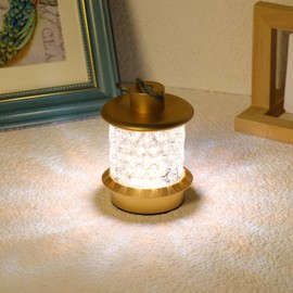 HAPYGI Portable Lantern Table Lamp - Dimmable Cordless Night Light with 3 Color Temperatures, Rechargeable Metal & Glass Outdoor Indoor Lamp for Patio Bedroom Bathroom Decor (Gold)