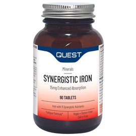 Quest Synergistic Iron 15mg Tablets with Vitamin B, C & Copper. Helps Reduce Tiredness & Fatigue Plus Formation of Red Blood Cells & Immune Support. Vegan & Gluten Free Formula. (90 Capsules)