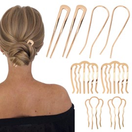 French Hair Pin, 8 PCS Gold Hair Pins for Women Metal Hair Side Combs, French Pins Hair, U Shaped Hair Pins for Buns Updos, French Pins Hair Stick Pin Hair Combs for Styling Hairpin Hair Accessories