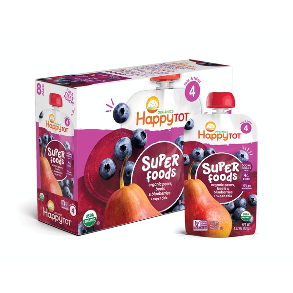 Happy Tot Organics Super Foods Stage 4, Pears, Blueberries & Beets + Super Chia, 4.22 Ounce Pouch (Pack of 16) packaging may vary