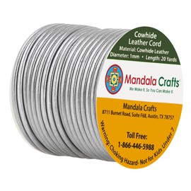 Mandala Crafts Round Cowhide Genuine Silver Leather Cord for Jewelry Making Kumihimo Leather Rope Spool - Silver 20 Yds 1mm Cording
