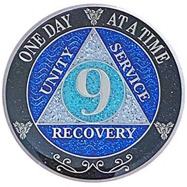 (Years 1-50) 9 Year AA Recovery Silver Color Plated Glitter Medallion, Black Rainbow, Blue, Silver Glitter Coin, Epoxy Covered (AA 9 Year Glitter Medallion)