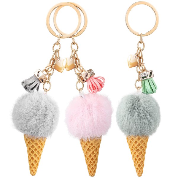 Didiseaon Fluffy Keychain, 3 Packs Ice Cream Keychain Lovely Ring Charms Ice Cream Ornament Key Fob Bag Decoration Key Holder Car Hanging Ornament Gifts for Women Ladies Girls