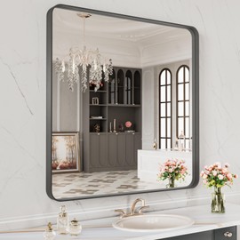 LOAAO 32X32 Inch Black Metal Framed Bathroom Mirror for Wall, Matte Black Bathroom Vanity Mirror Farmhouse, Anti-Rust, Tempered Glass, Hangs Horizontally or Vertically