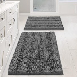 Non Slip Thick Shaggy Chenille Bathroom Rug Mat Set Extra Soft and Absorbent Striped Floor Rugs, 2 Piece, Machine-Washable