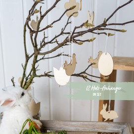 Papierdrachen 12 Wooden Pendants for Colouring for Easter – Size 7 x 7 cm Including Ribbon – Easter Decoration – Painting Fun for Children – Creative Gift Idea – Reusable Set 08