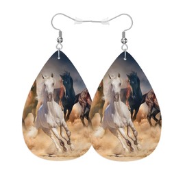 Vosach Wild Horses Woman Earrings, Horses Desert Sandstorm Against Dramatic Sky Lightweight Leather Dangle Teardrop Earrings Jewelry For Ladies Friends
