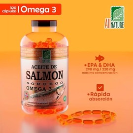 All Nature. Aceite de Salmn Noruego Omega 3. 320 Cpsulas. 1300 mg por Porcin con EPA y DHA. Suplemento Familiar con Ingredientes Naturales y Alta...  