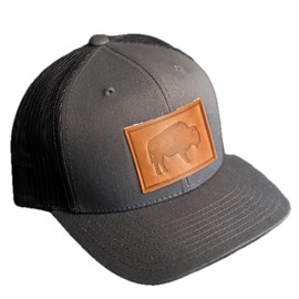 Bison Stamp Leather Patch Trucker Hat - Ox & Pine - Adjustable Snapback, Structured Mid-Profile Design (Charcoal, Natural)