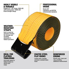 DEWALT DXBC90089 Black/Yellow 4" x 30' Winch Straps - 5,500 lb Safe Working Load / 16,500 lb Break Strength, 2 Pack