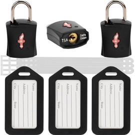 TSA Approved Luggage Locks 3 Pack with Luggage Tags | 6 Keys, Black Travel Lock Bundle - Solid Brass Core & Rubber Armor Padlocks for Suitcases, Backpacks (TSA Certified)