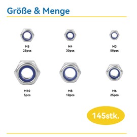 WZHUIDA 145 Piece Self-Locking Nuts Assortment Set, A2-70 Stainless Steel Locking Nuts Set, Lock Nuts, Nylon Self-Locking Hex Nuts M3 M4 M5 M6 M8 M10 DIN985 Stop Nuts