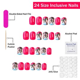 Summer Press on Nails Short Square SWEKKE Pink Fake Nails False Nails with Coconut Tree Sea Waves Designs Beach Nails Cute Glossy Glue on Nails Hawaii Acrylic Nails for Women Girls 24Pcs