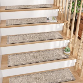 Tiveney 15PCS 8"x30" Non-Slip Stair Treads, Polyester (PET) Carpet with Rubber Backing, Tan, Rectangular, Residential Grade, Staircase Step Treads