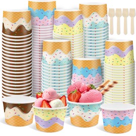 Hokoad 100 Pcs Paper Ice Cream Cups with Spoons 6 oz Ice Cream Bowls Disposable, 4 Color Treat Snack Cups for Hot or Cold Food, Ice Cream Sundae Bar Supplies for Dessert, Yogurt, Soup