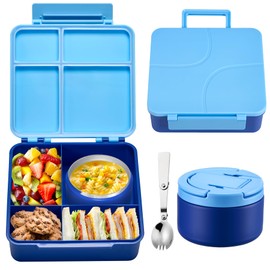 MAXSO Bento Lunch Box Set for Kids with 8 oz Soup Thermo, Leakproof Hot Food Container with 4 Compartments, Insulated Food Jar for Toddler Daycare Boys Girls School - Blue