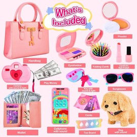 Easter Gift Toddler Purse for Girls Toys Play Purse for Little Girls with Pretend Makeup, Handbag, Phone, Wallet, Camera, Dog, Kids Purse Birthday Gift for Girls 3,4,5,6,7,8 Year Old